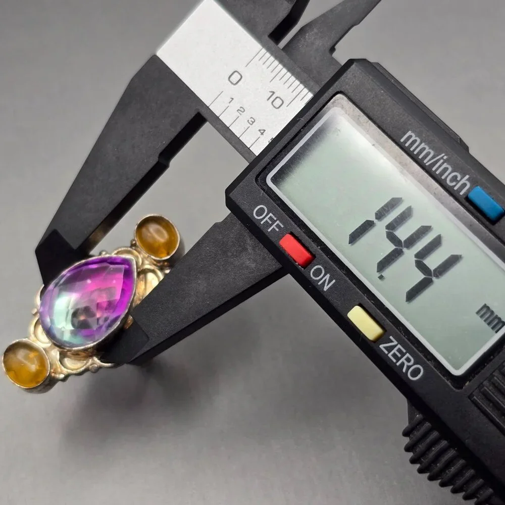 925 Silver-Plated Ring Size 7.5 VTG Glass Teardrop & Amber Cabochon Statement - Picture 10 of 14